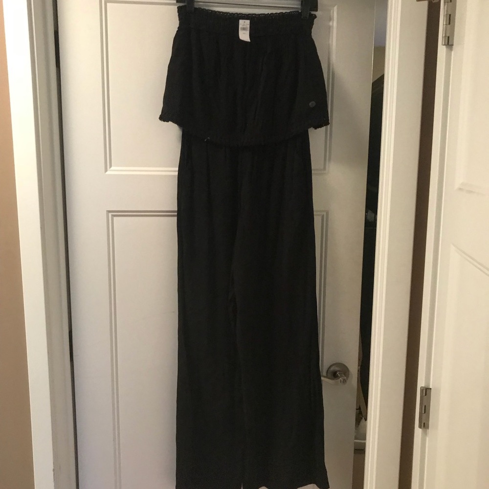 Aerie black linen jumpsuit with overhang ruffle
